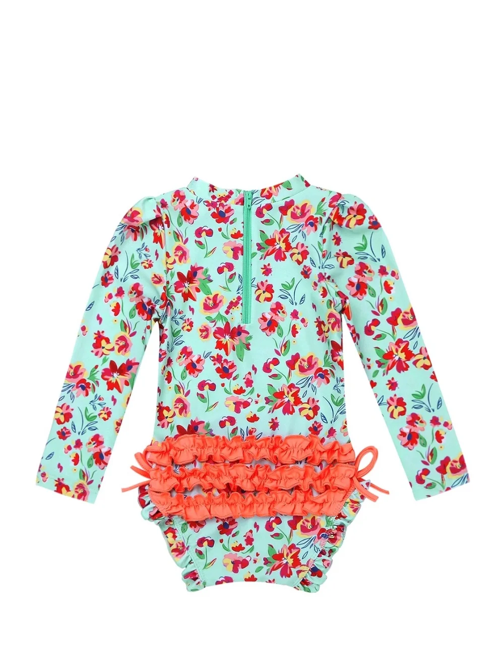 RuffleButts toddler Girls' Mint Floral Long-Sleeve Rash Guard Swimsuit Size: 2T